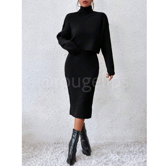 Black 2 Piece Set: Knit Midi Pencil Dress and Turtleneck Pullover Sweater - Picture 5 of 9